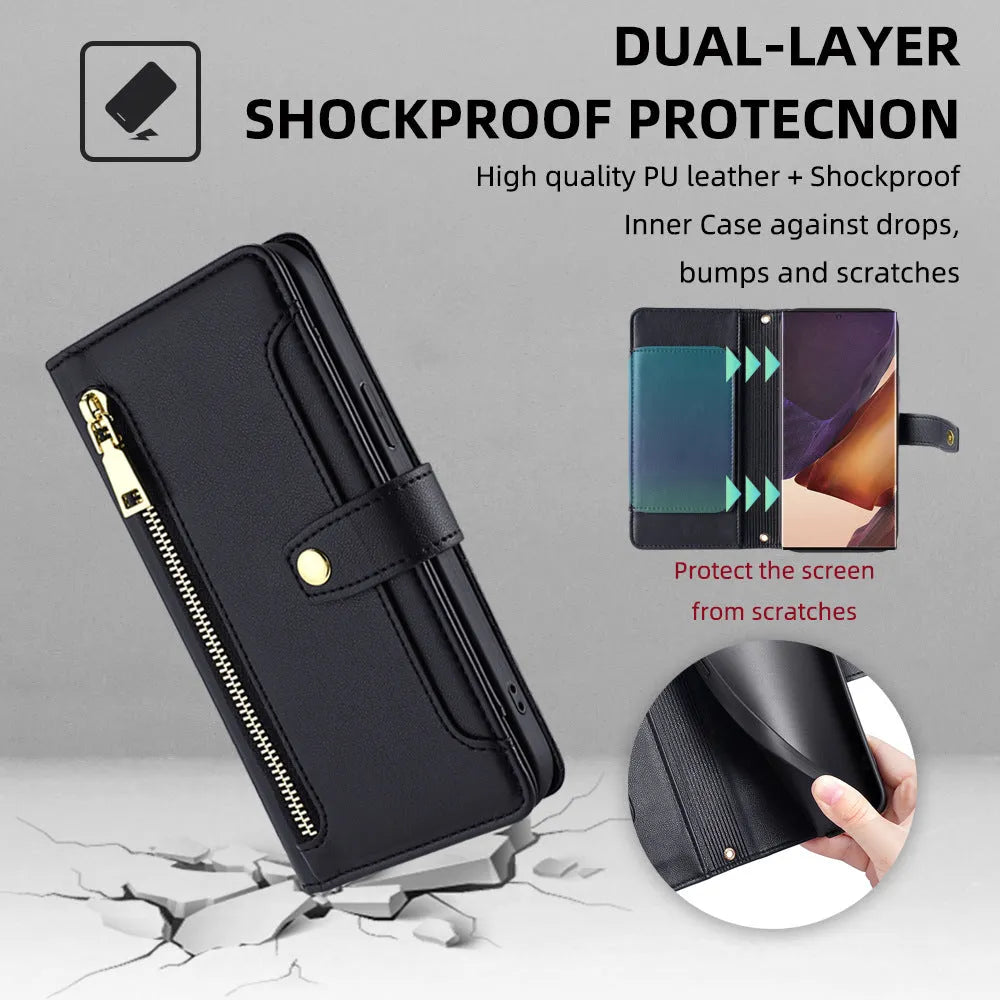 Samsung flip phone case in Black with card slot, kickstand, and magnetic closure for Galaxy S23 Ultra