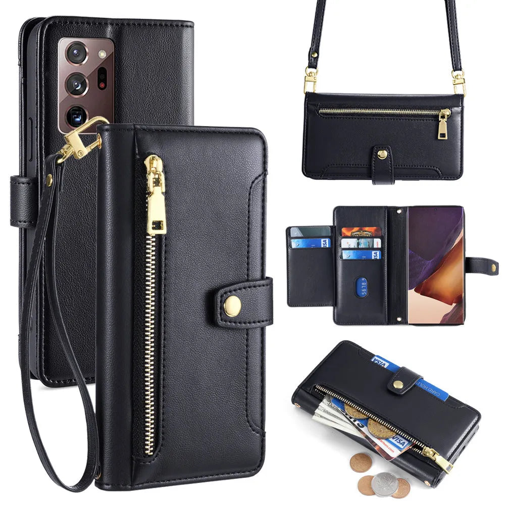 Samsung flip phone case in Black with card slot, kickstand, and magnetic closure for Galaxy S23 Ultra