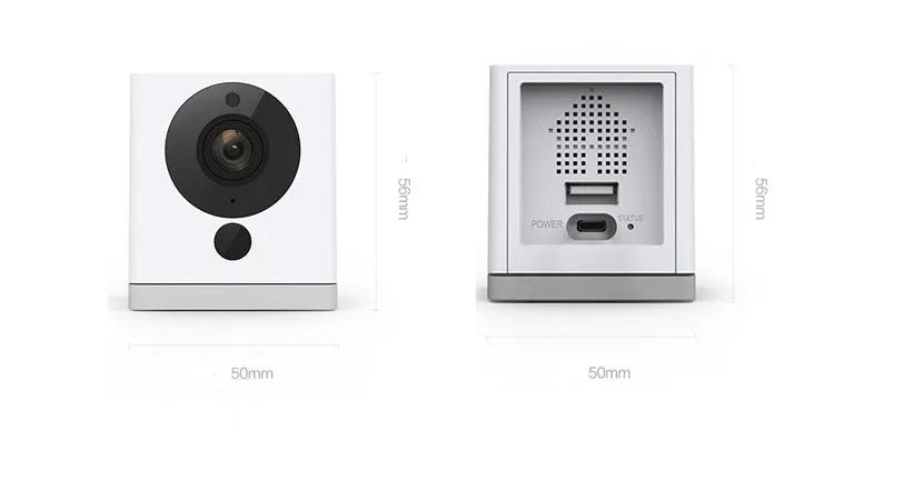 White compact indoor night vision security camera with 1080P resolution and 110° wide-angle lens on a shelf