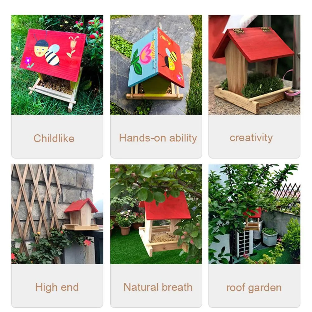 Suspended pine wood bird feeder with red roof and log texture finish