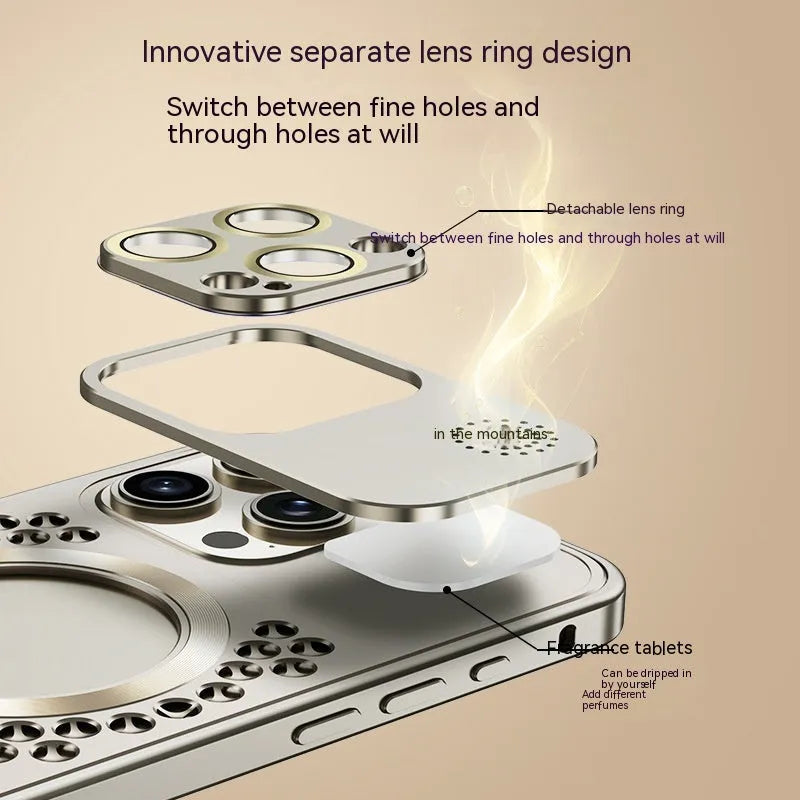 Titanium Black metal phone case with aromatherapy shell and magnetic lens cover for iPhone 15 Pro Max