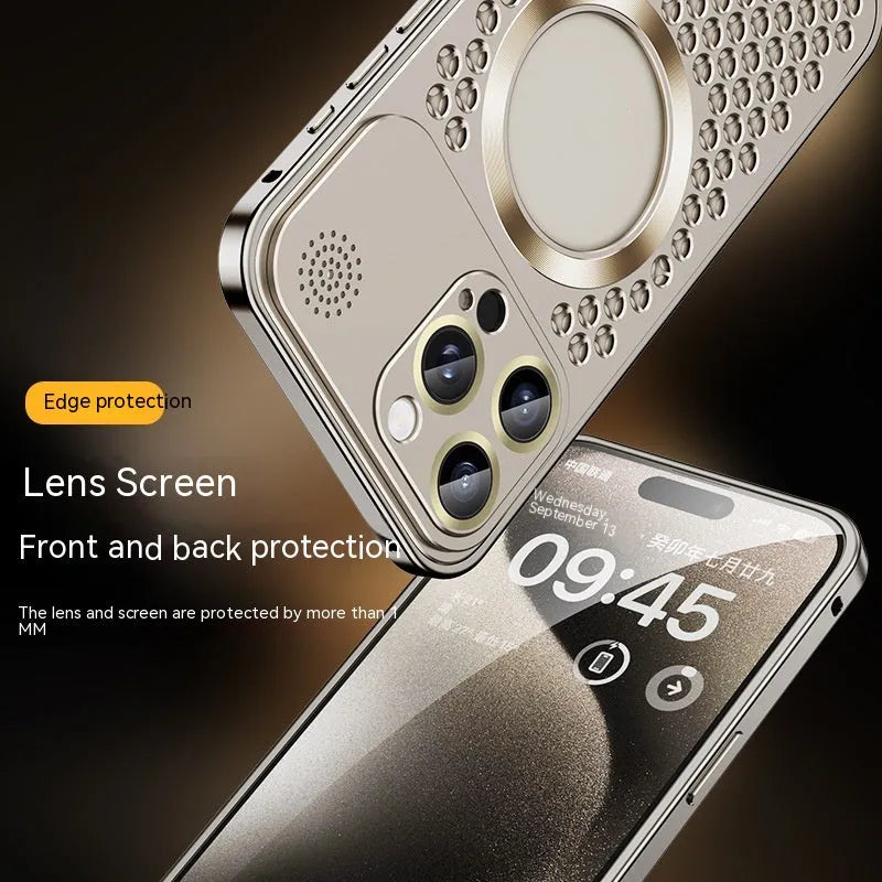 Titanium Black metal phone case with aromatherapy shell and magnetic lens cover for iPhone 15 Pro Max
