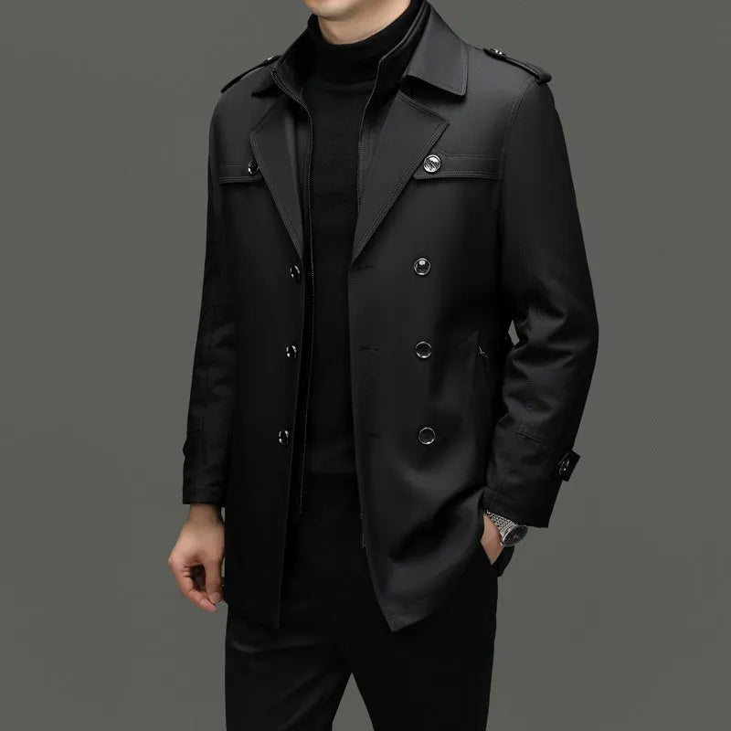 Men's mid-length duster coat with detachable polyester liner and cotton belt, available in black, khaki and navy blue, Asian sizes M-4XL.