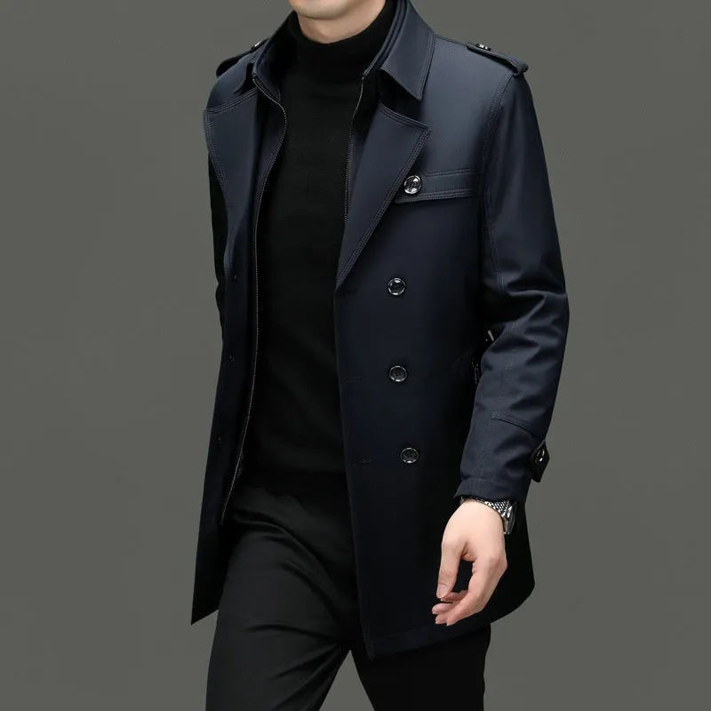 Men's mid-length duster coat with detachable polyester liner and cotton belt, available in black, khaki and navy blue, Asian sizes M-4XL.