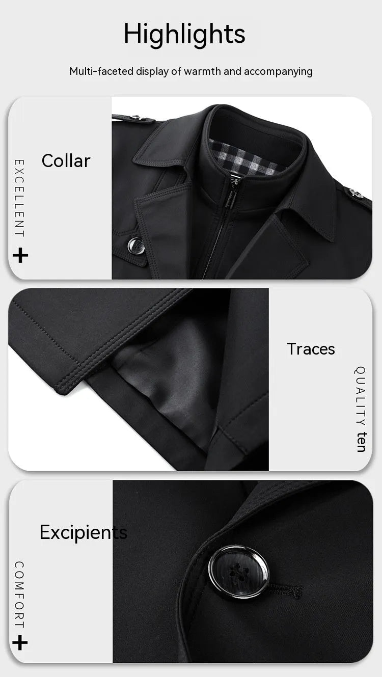 Men's mid-length duster coat with detachable polyester liner and cotton belt, available in black, khaki and navy blue, Asian sizes M-4XL.