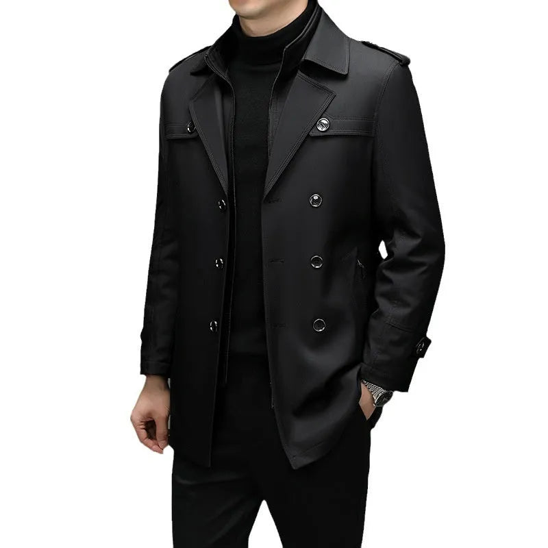 Men's mid-length duster coat with detachable polyester liner and cotton belt, available in black, khaki and navy blue, Asian sizes M-4XL.