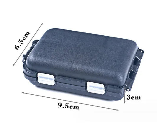Black plastic fishing tackle storage box with 10 internal compartments.
