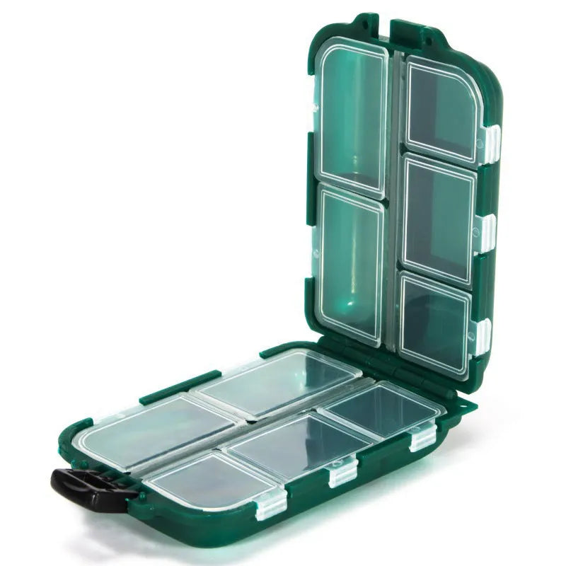 Black plastic fishing tackle storage box with 10 internal compartments.