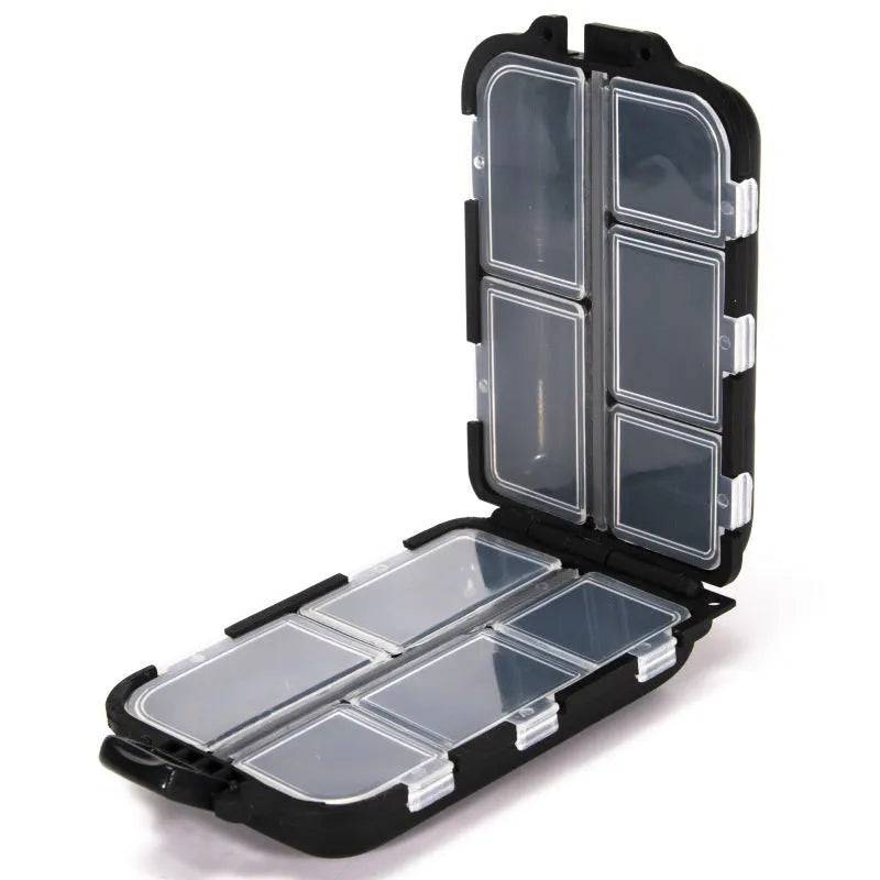 Black plastic fishing tackle storage box with 10 internal compartments.