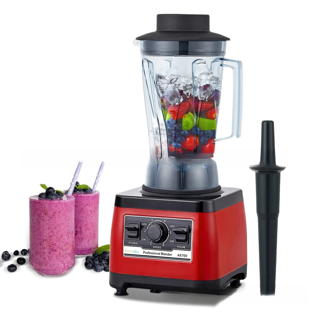 Red commercial blender model A8700 with 2L jug and 2200W motor.