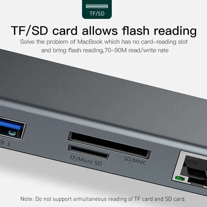 Grey aluminium alloy ten-port USB C docking station with cooling bracket showing HDMI, VGA and Ethernet ports