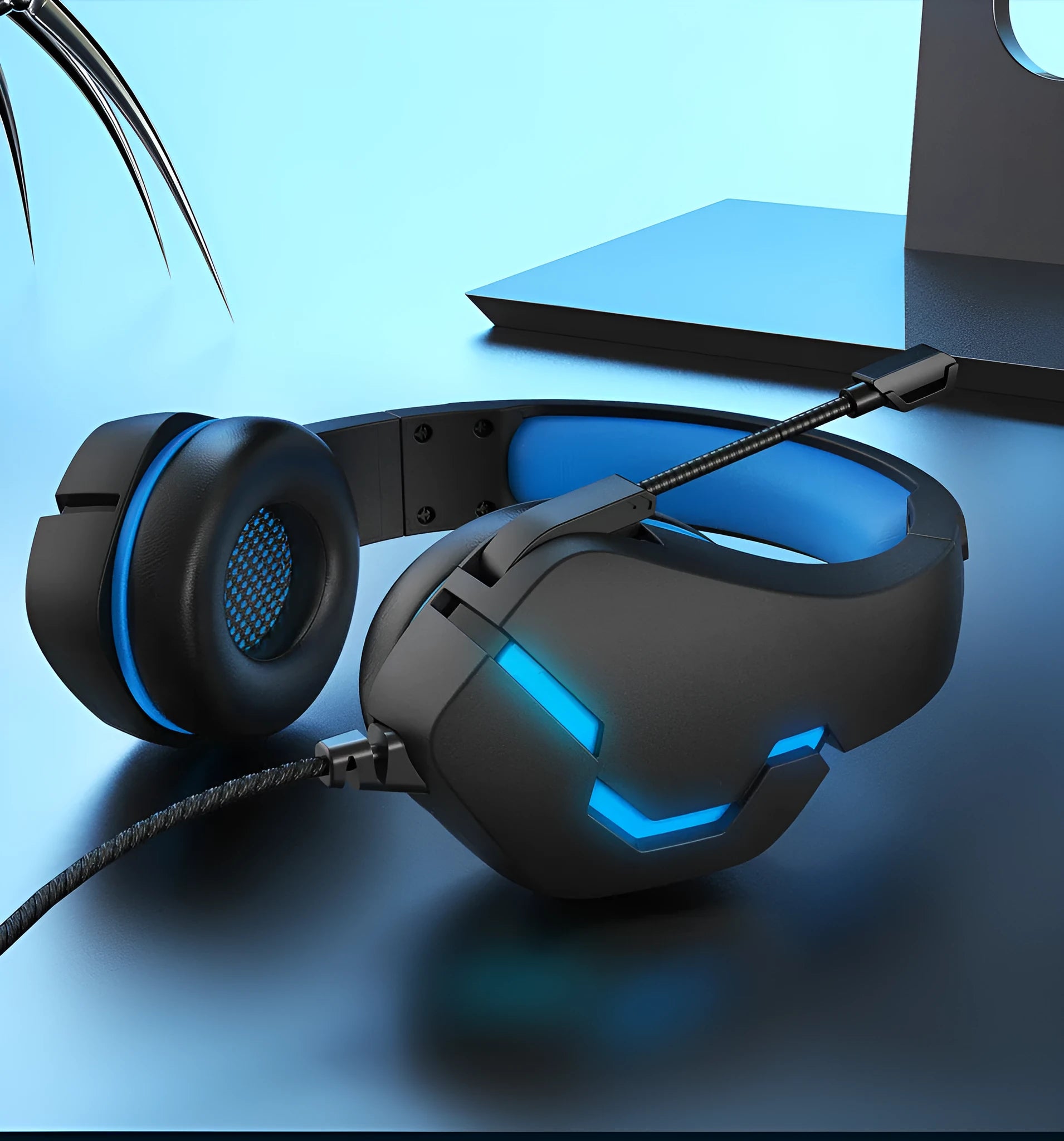 J10 3.5mm wired gaming headset with microphone and LED lights in blue