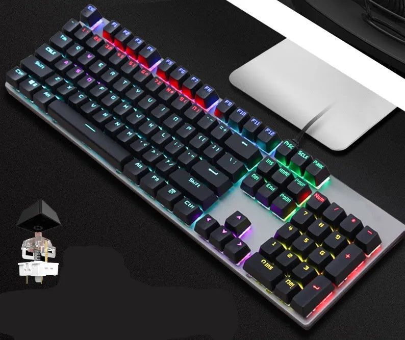 AOC GK410 mechanical keyboard with green axis switches, metal housing, and full 104-key layout including number pad