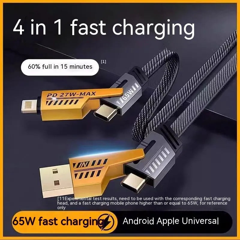 Four-in-one super fast charge data cable 65W yellow with USB-A and Type-C connectors