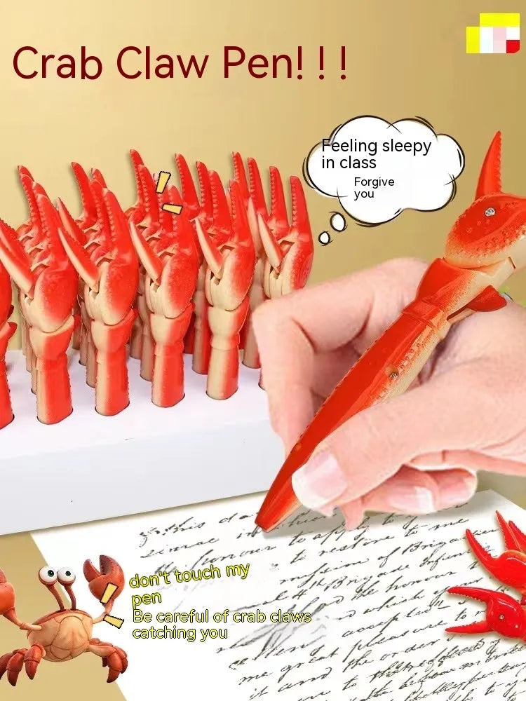 Crab claw ballpoint pen with interactive clip mechanism holding ball