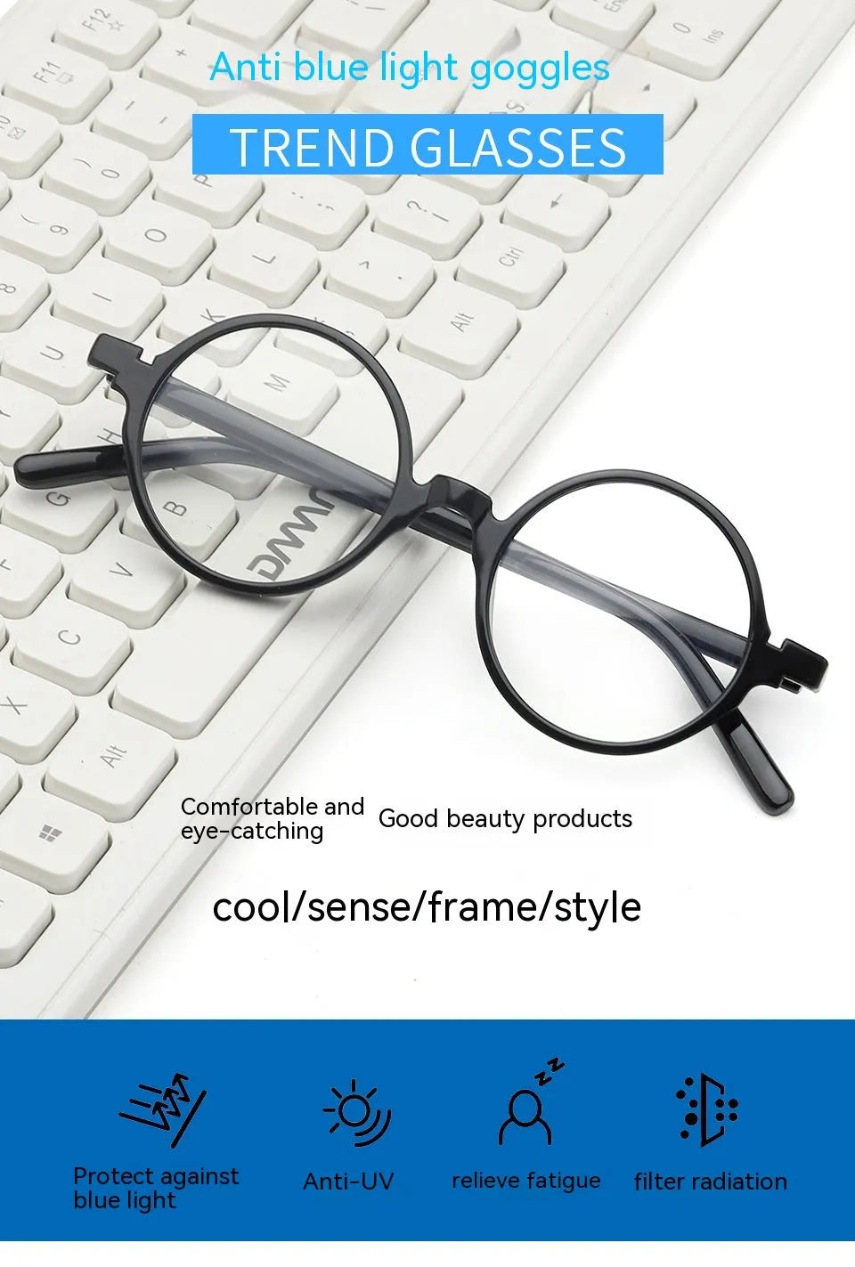 Artistic retro round non-prescription glasses with flat mirror lenses in four colour options