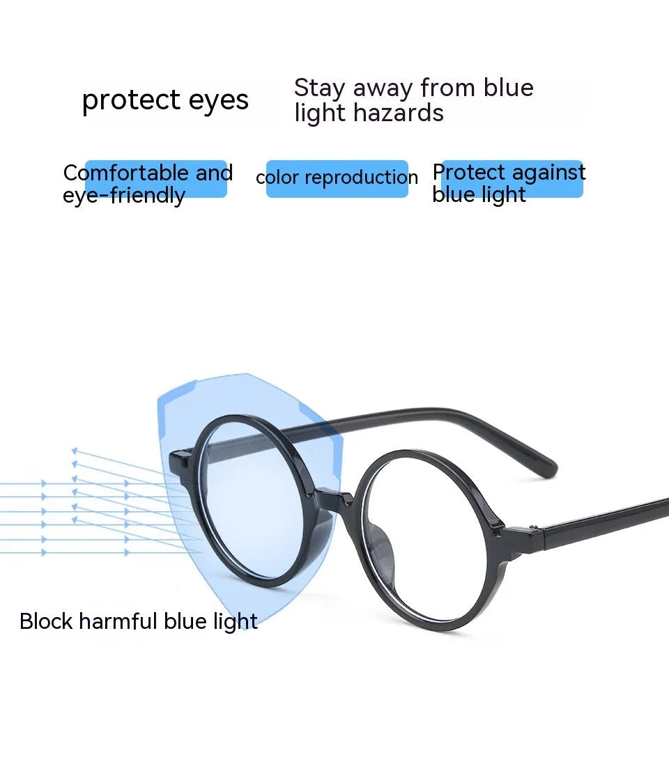 Artistic retro round non-prescription glasses with flat mirror lenses in four colour options