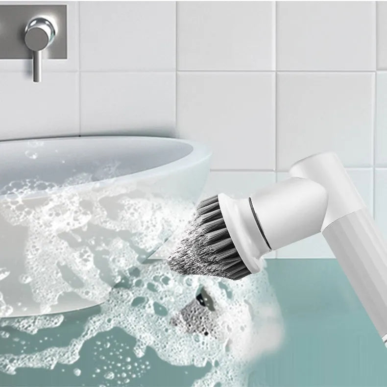 White high torque mute electric cleaning brush on a tile surface with six brush heads