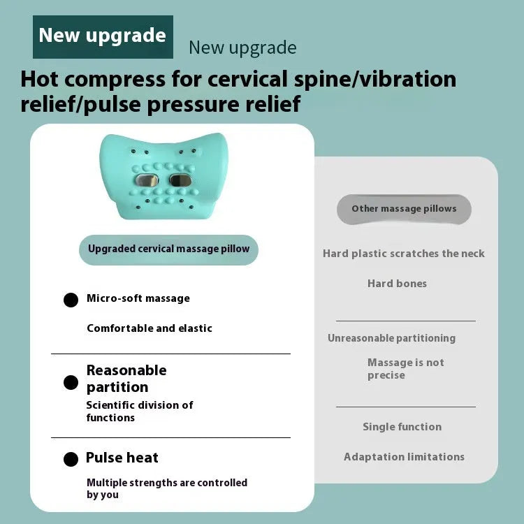 Blue-green portable EMS massage pillow showing compact 17x10x12cm size with hot compress and vibration features