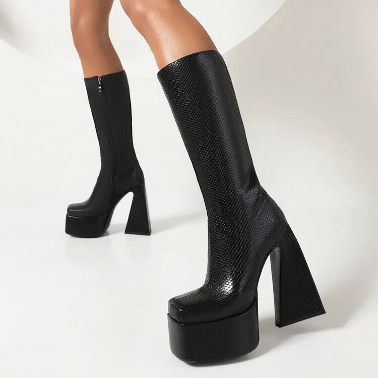 Women's artificial PU leather high boots in black, red, blue, and white colours showing ankle and lower calf coverage