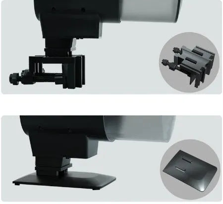 Black plastic automatic aquarium fish feeder with 210ml silo and timer control on tank rim