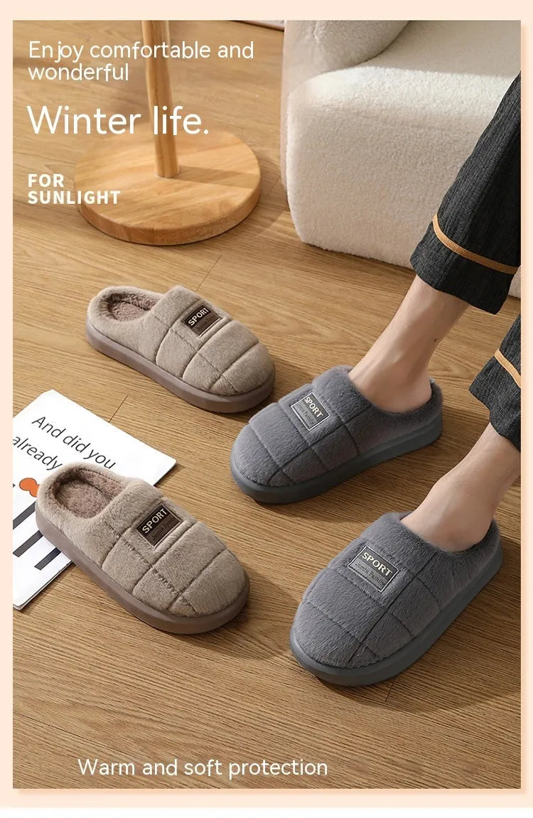 Men's plaid pattern winter slippers with thick EVA sole and artificial wool lining in grey and brown colours