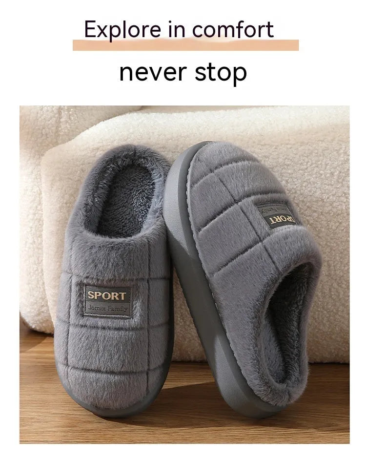 Men's plaid pattern winter slippers with thick EVA sole and artificial wool lining in grey and brown colours