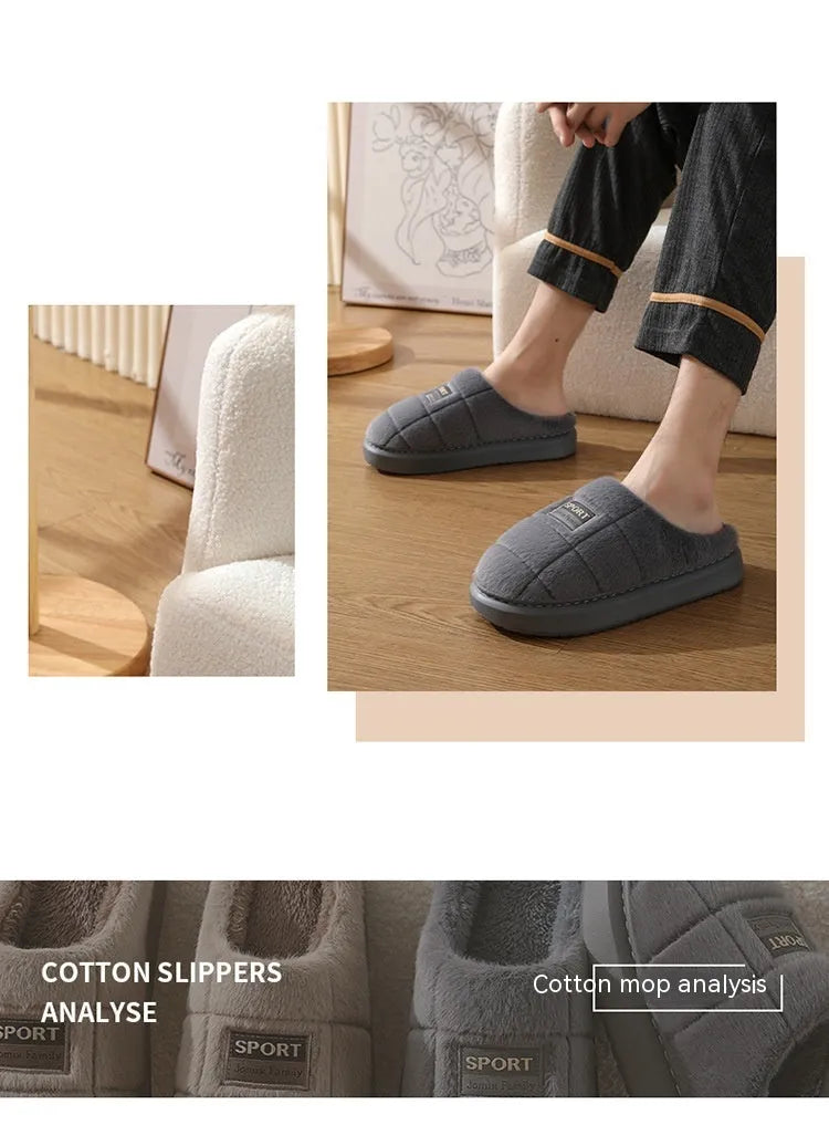 Men's plaid pattern winter slippers with thick EVA sole and artificial wool lining in grey and brown colours