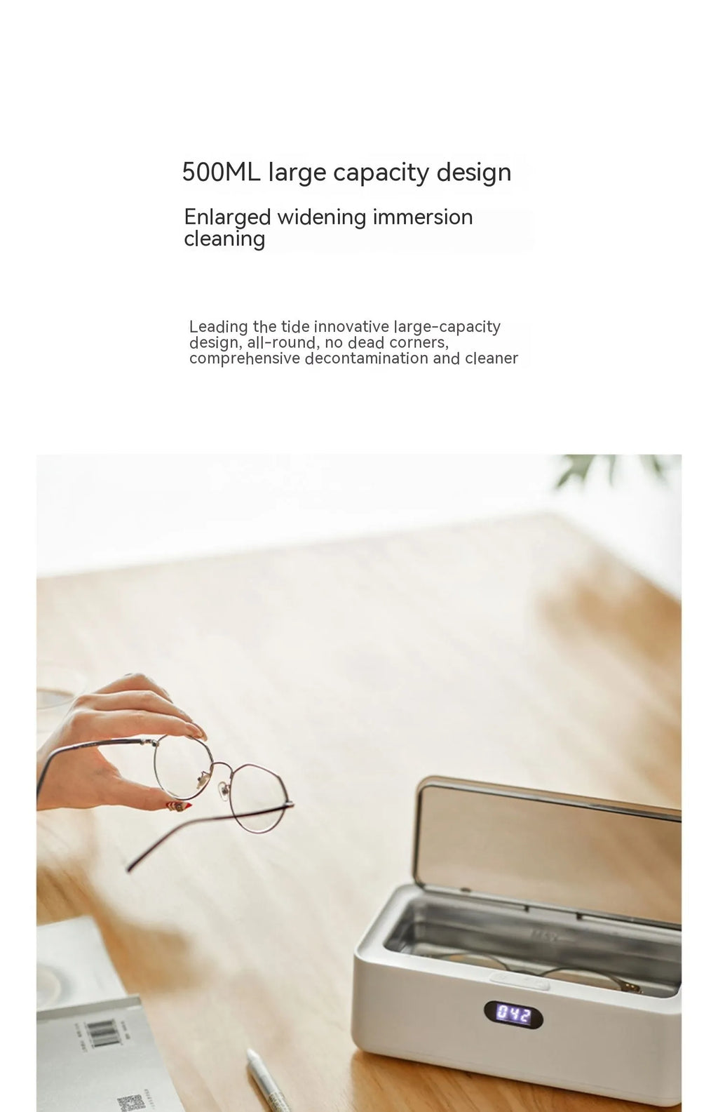 OLK-UC01 ultrasonic cleaning machine in ceramic white for glasses, contact lenses and jewellery, 500-700mL capacity
