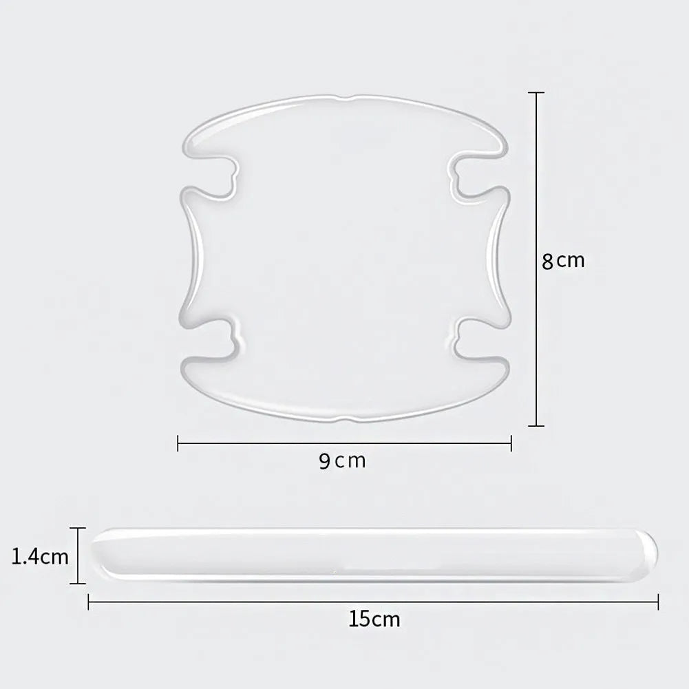 Transparent 3D adhesive protectors for car door handle bowls in a 4-piece set.