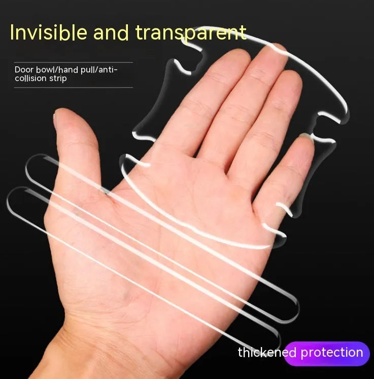 Transparent 3D adhesive protectors for car door handle bowls in a 4-piece set.