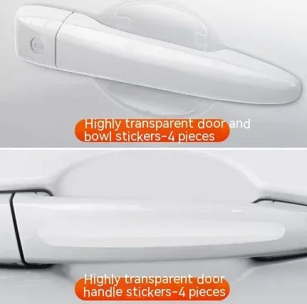Transparent 3D adhesive protectors for car door handle bowls in a 4-piece set.