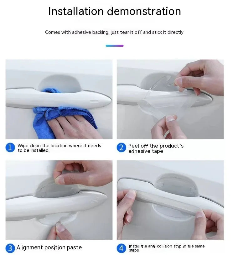 Transparent 3D adhesive protectors for car door handle bowls in a 4-piece set.