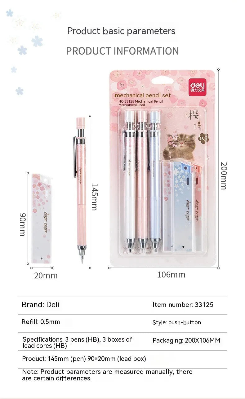 0.5mm cartoon sakura automatic mechanical pencil set with three pencils and refill boxes