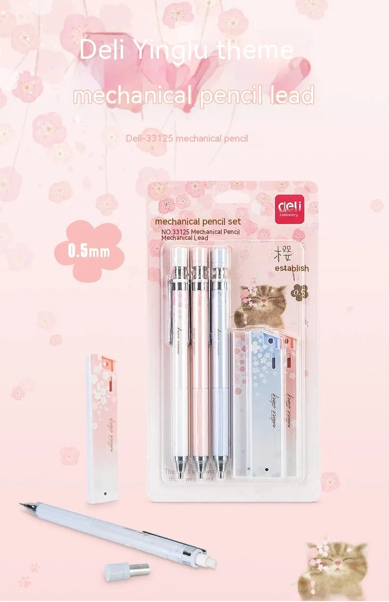 0.5mm cartoon sakura automatic mechanical pencil set with three pencils and refill boxes