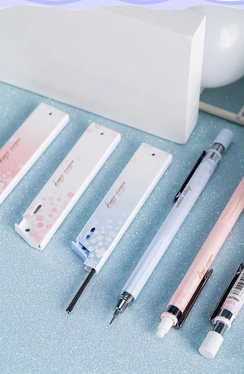 0.5mm cartoon sakura automatic mechanical pencil set with three pencils and refill boxes