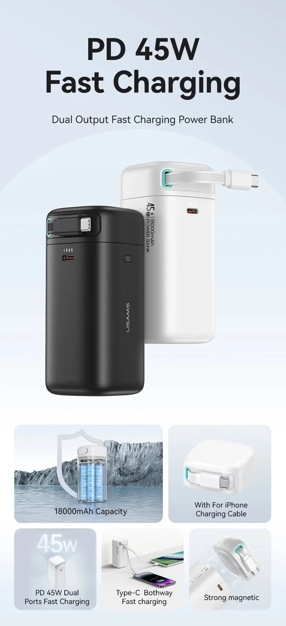 PD45W magnetic power bank 18000mAh in Lightning Black with national trendy style pattern and PC shell, 50x112mm.