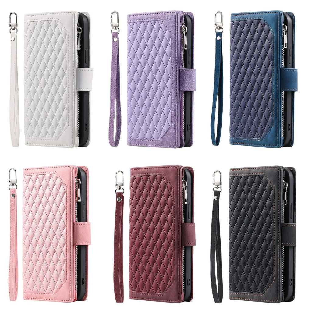 Crossbody plaid zipper phone case for Samsung S23 Ultra with card slots and shoulder strap