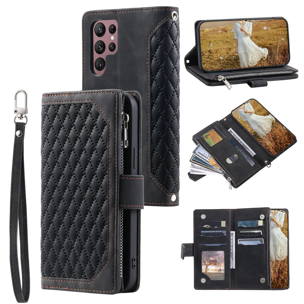 Crossbody plaid zipper phone case for Samsung S23 Ultra with card slots and shoulder strap