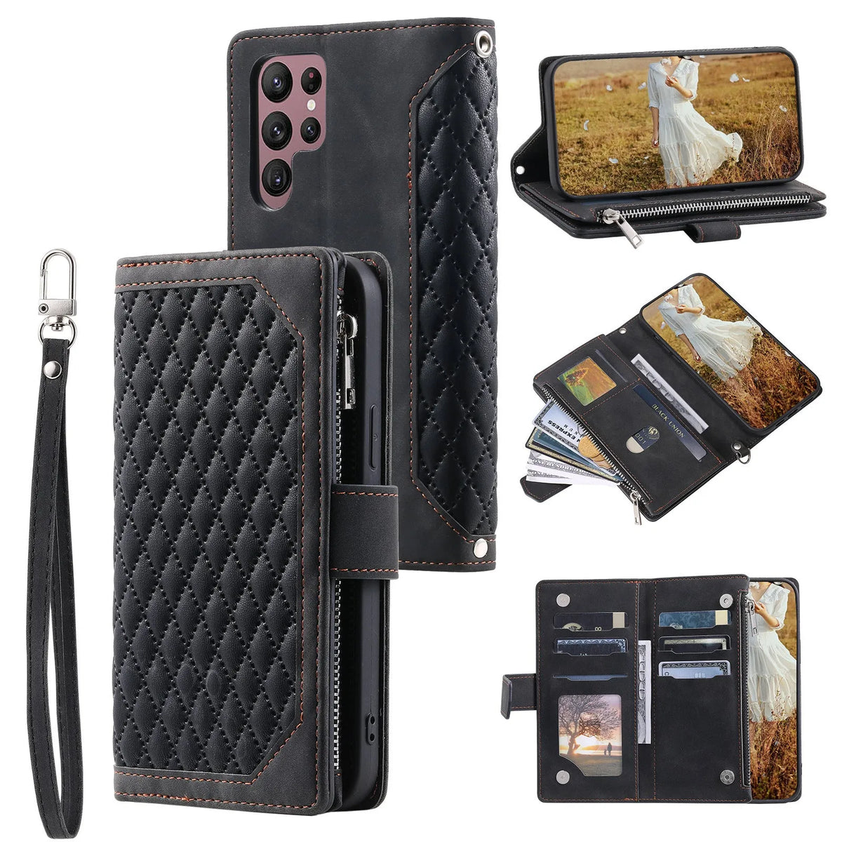 Crossbody plaid zipper phone case for Samsung S23 Ultra with card slots and shoulder strap