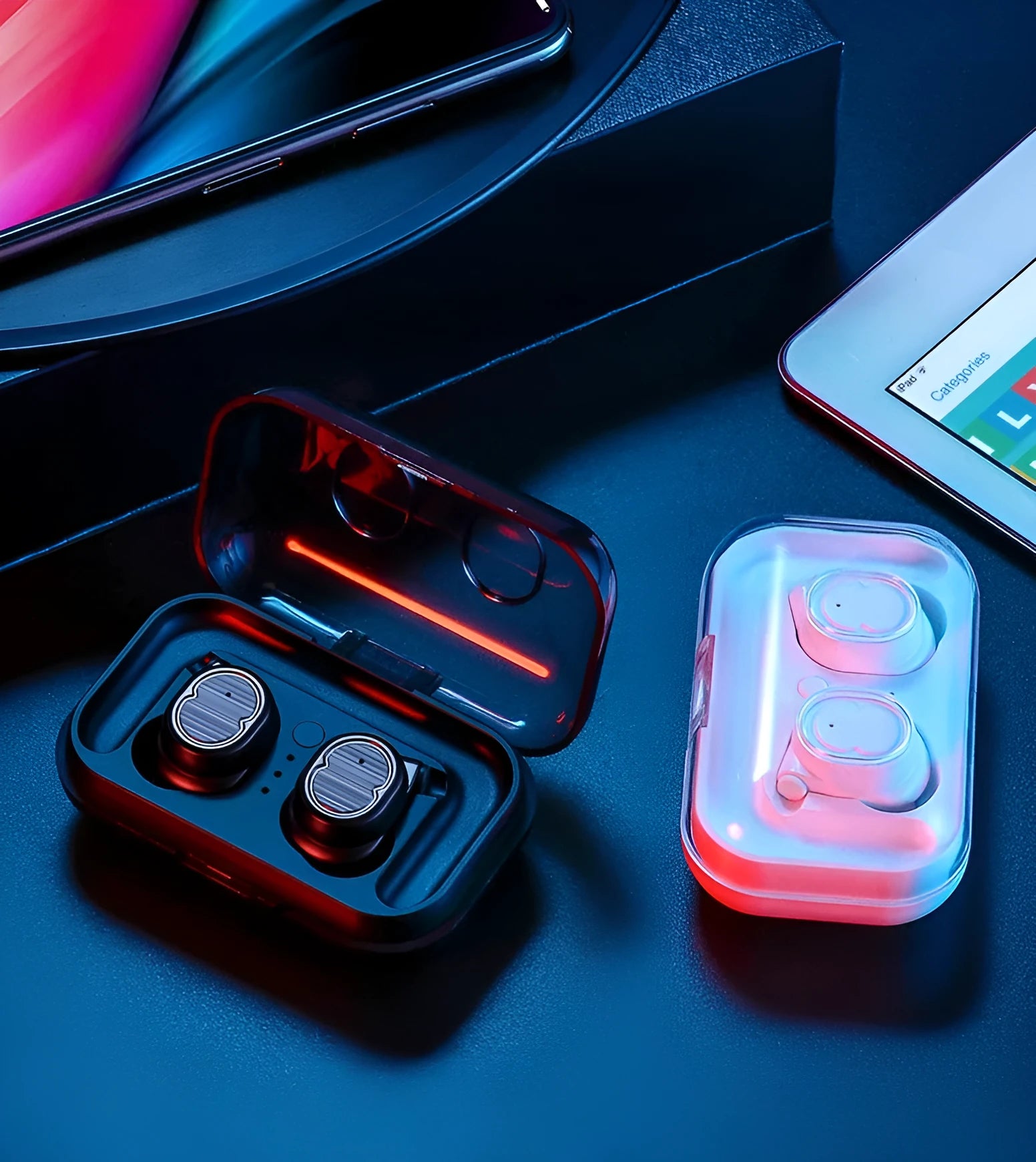 Bluetooth wireless earbuds in black, white, red, and blue colours showing earbud design