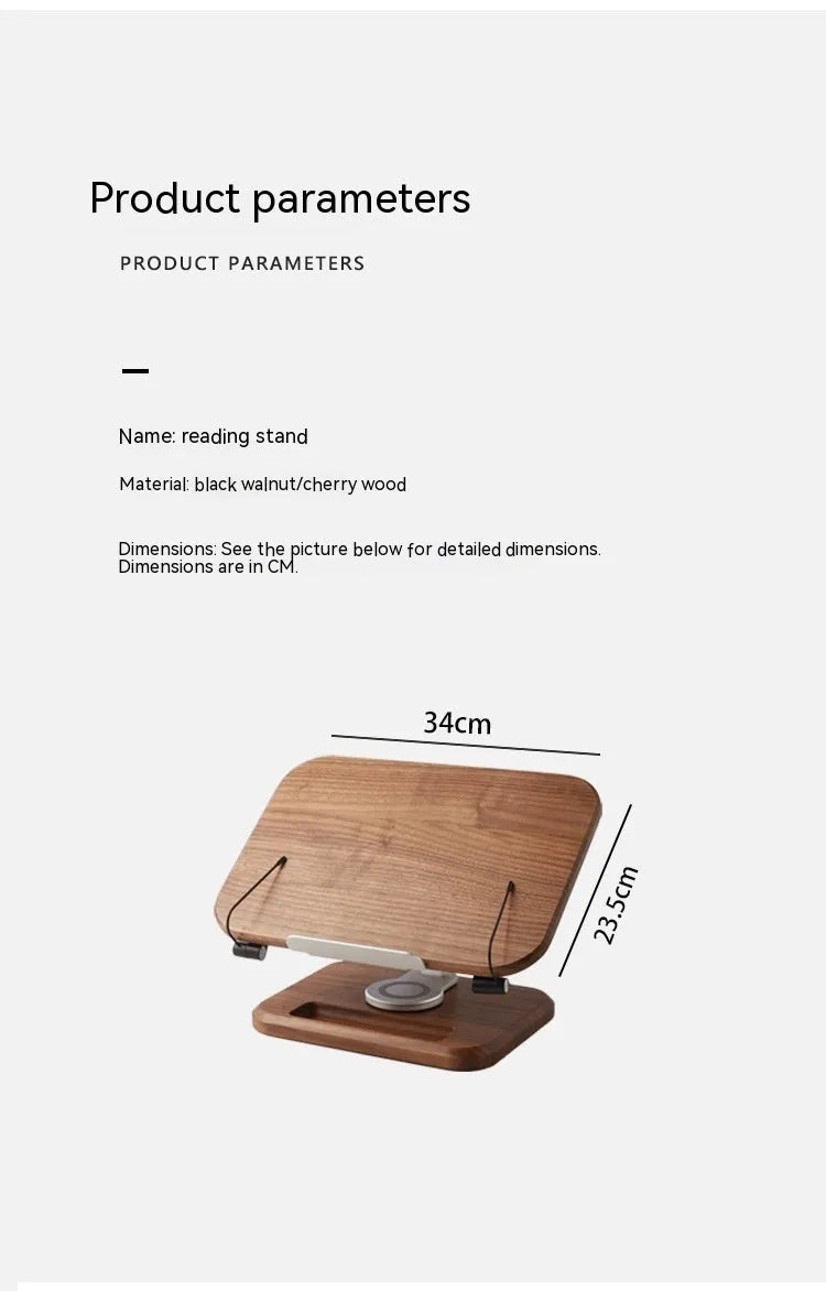 Walnut wood adjustable rotating reading rack holding book at angle