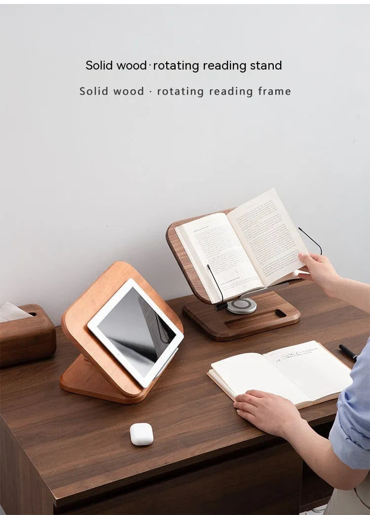 Walnut wood adjustable rotating reading rack holding book at angle