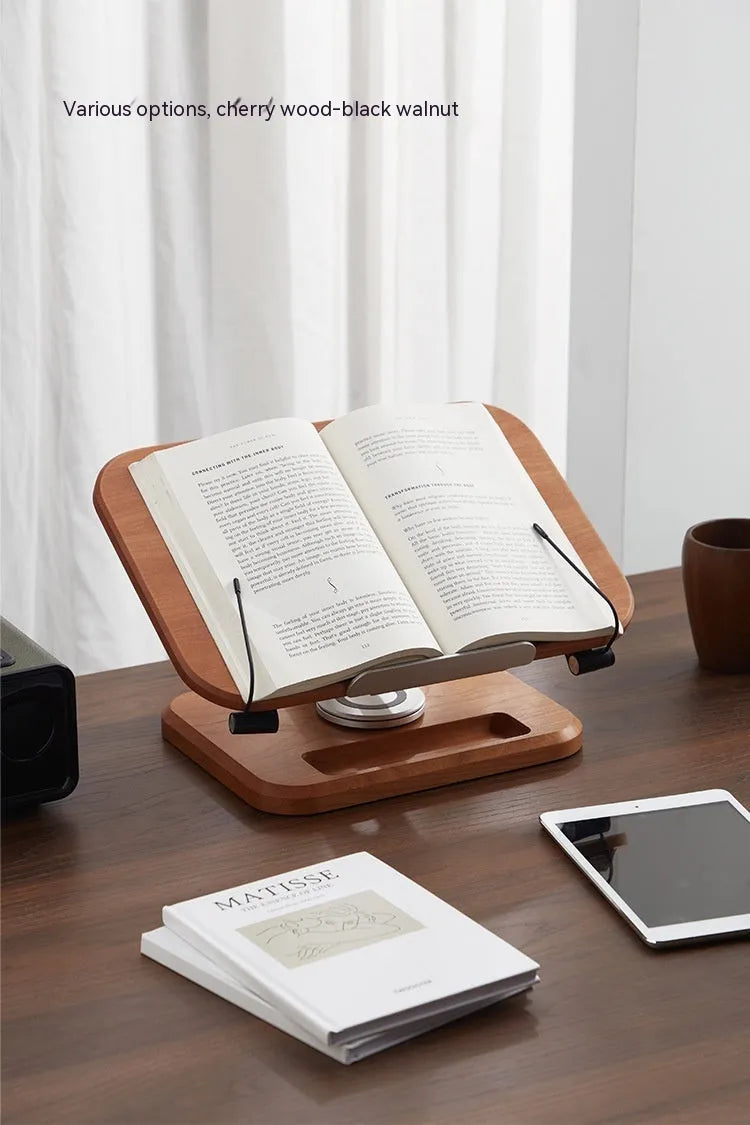 Walnut wood adjustable rotating reading rack holding book at angle