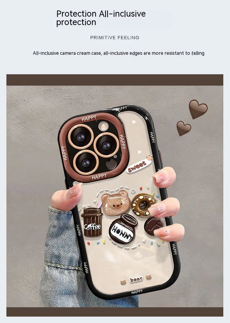 Coffee bear 3D doll pendant drop-resistant silicone phone case for Apple iPhone in cream black