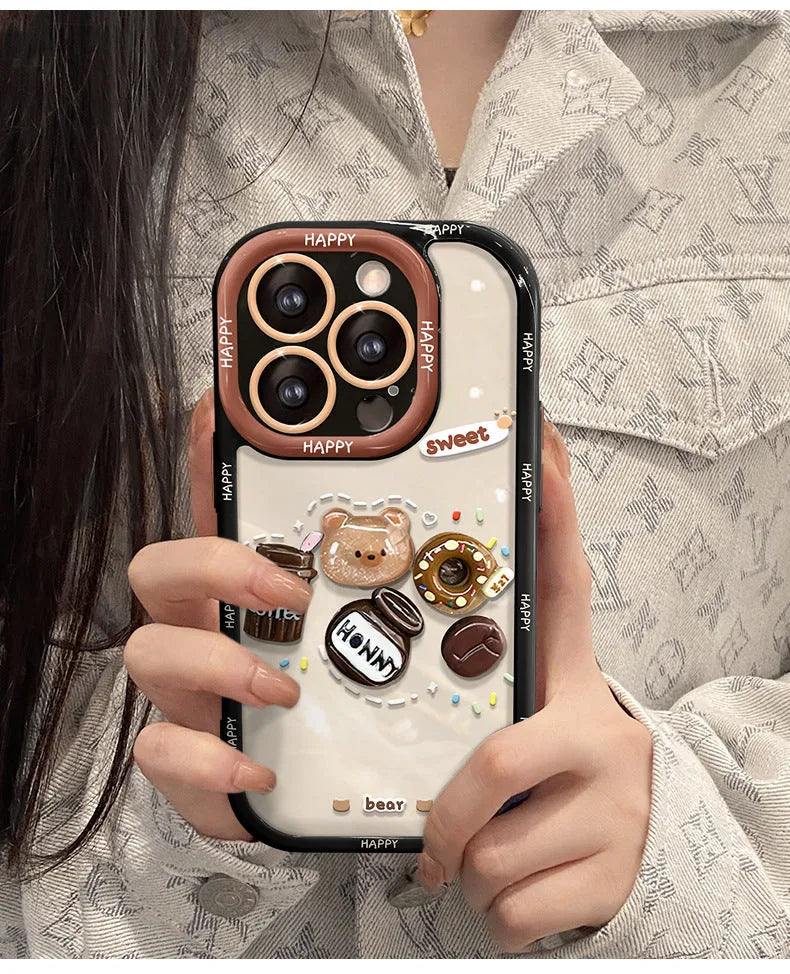 Coffee bear 3D doll pendant drop-resistant silicone phone case for Apple iPhone in cream black
