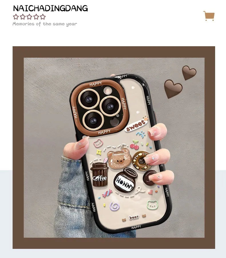 Coffee bear 3D doll pendant drop-resistant silicone phone case for Apple iPhone in cream black