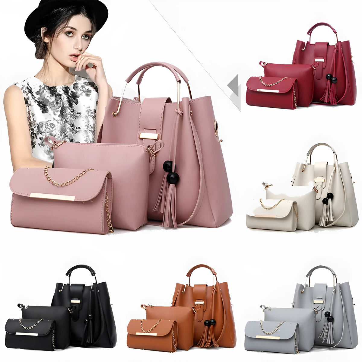 Women's 3-piece PU leather handbag set with shoulder bag, crossbody bag, handbag, tassel and metal handle