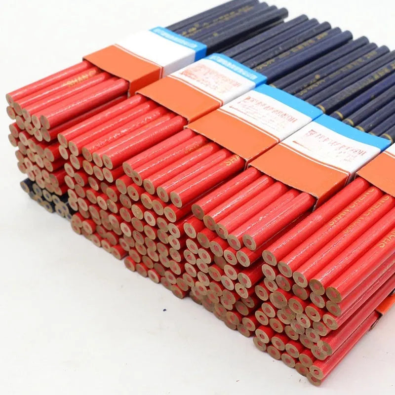 Ten red and blue round wooden carpenter's pencils for construction marking.