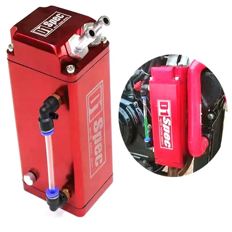 Car engine oil catch tank with perforated pot in black, blue, red, and silver colour options